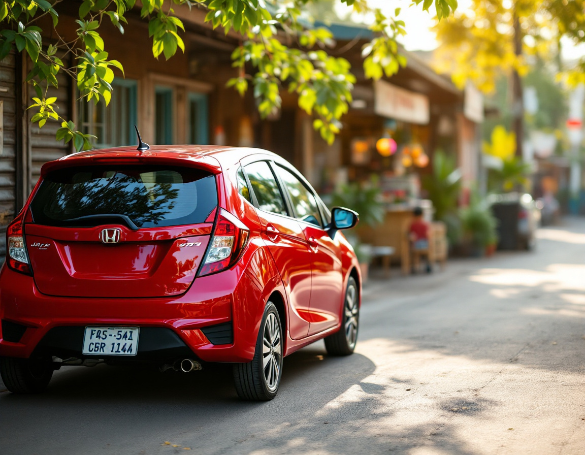 Well-kept red hatchback parked on a quiet Philippine town street beside a small sari-sari store.