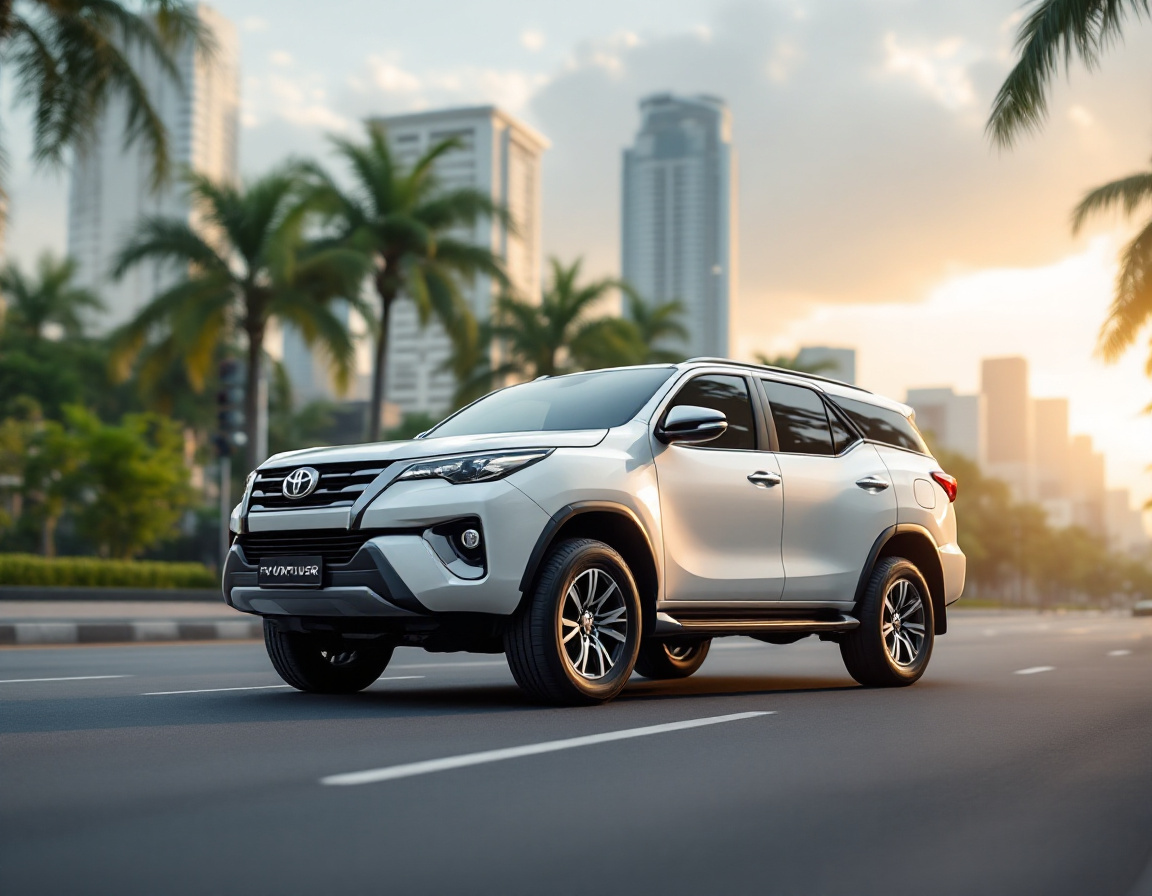 White SUV parked on a Metro Manila street at golden hour, palm trees and mid-rise buildings behind.